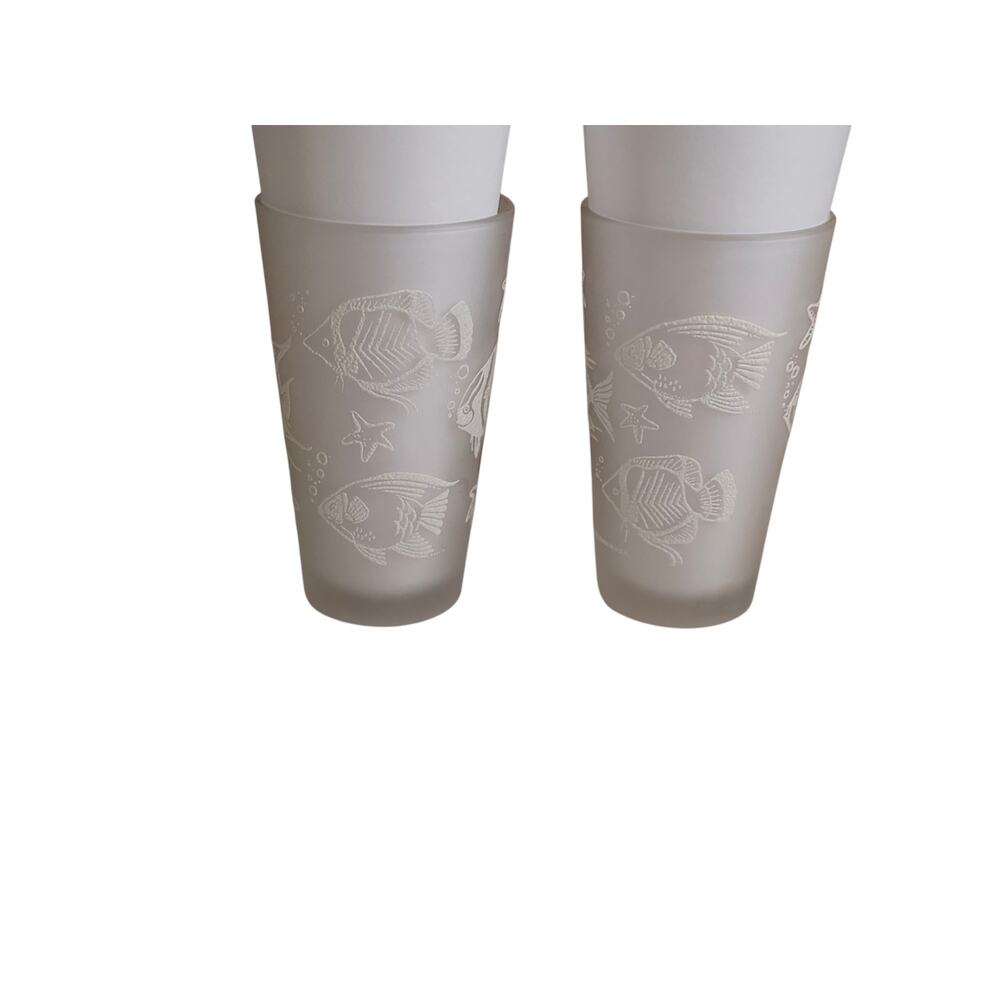 Pair Culver Frosted Highball Collins Iced Tea Glass Fish Ocean Sea 14 oz